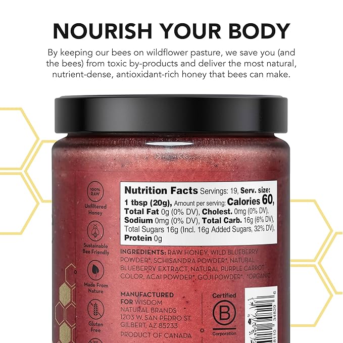Drizzle Berry Bliss Raw Honey - All Natural Pure Raw Honey with Organic Blueberry, Unfiltered & Unheated, Use in Tea & Coffee, Sugar Substitute, Certified Kosher - 13.2 oz Jar (375 g)