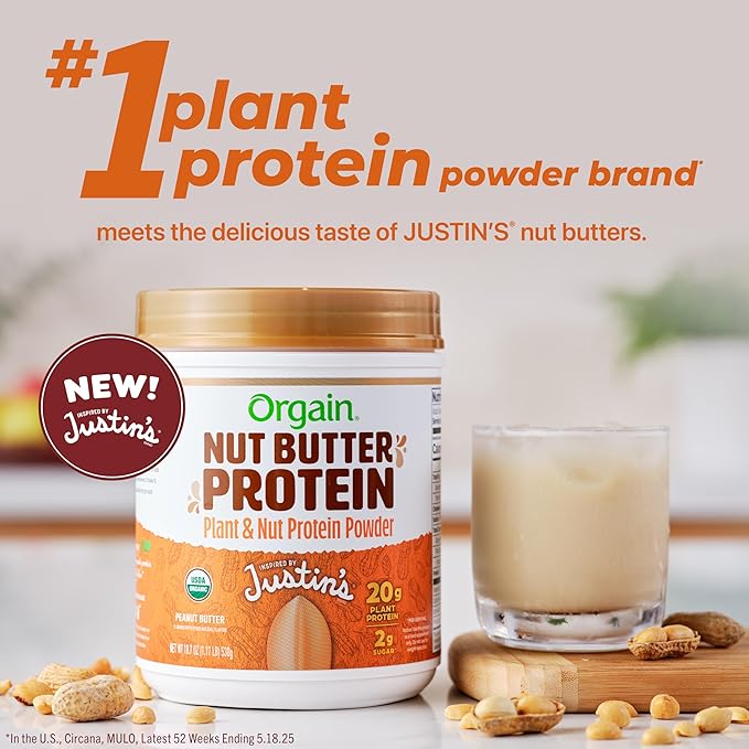 Orgain X Justin's ì§?Organic Vegan Nut Butter Protein Powder, Peanut Butter- 20g Plant Protein, 2g Sugar, Gluten Free, No Dairy, Soy Ingredients, or Artificial Flavors, 1.17 lb