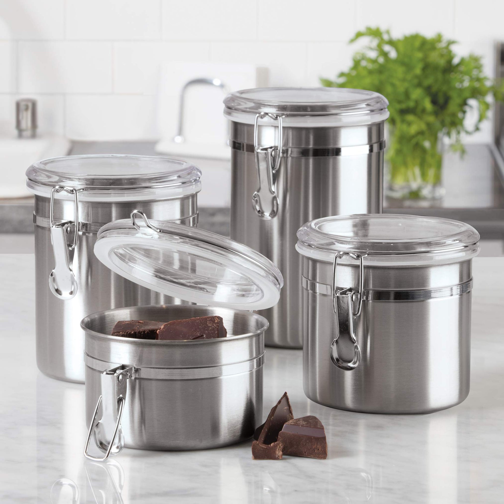 Oggi Set of 4 Stainless Steel Kitchen Canisters - Airtight Clamp Lid, Clear See-Thru Top - Ideal