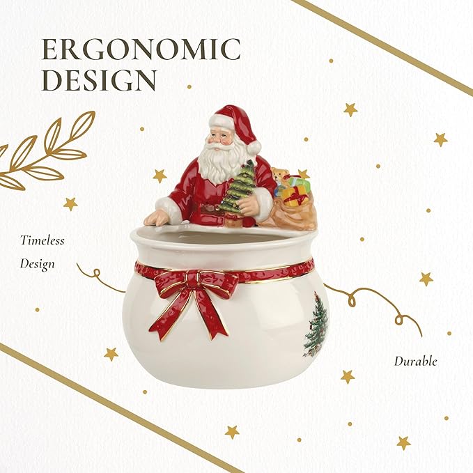 Spode Christmas Tree Candy Bowl - 7.5-Inch Earthenware Bowl for Candy, Nuts, Potpourri, Holiday Decor - Food-Safe Decorative Design with Santa and Tree Motif - Christmas Gift, Festive Tabletop Accent