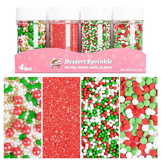 Twisweet Christmas Sprinkles 12oz, Red Green White Sprinkle for Cake Decorating, Edible Christmas Tree Sugar Sprinkles for Baking, Candy Pearls Mix, Cake Topper Ice Cream Cupcake Cookie Toppings Dessert Festival Decorations