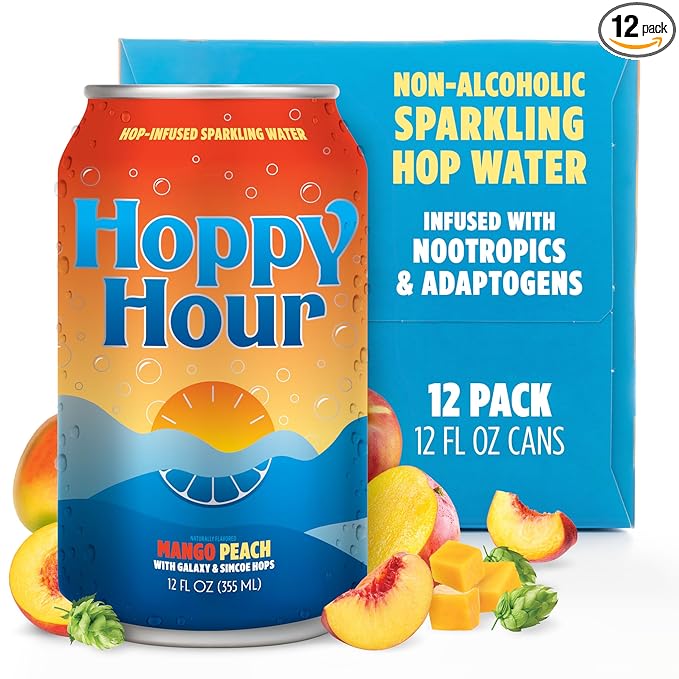Hoppy Hour Sparkling Hop Water, Non-Alcoholic and Adaptogens Drink, Zero Sugar and Calories, Tasty Topical Mango Peach Flavor, 12 oz Cans (12-Pack)