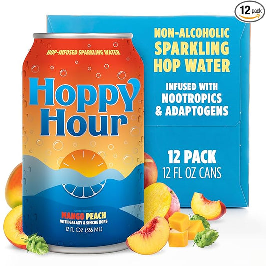 Hoppy Hour Sparkling Hop Water, Non-Alcoholic and Adaptogens Drink, Zero Sugar and Calories, Tasty Topical Mango Peach Flavor, 12 oz Cans (12-Pack)