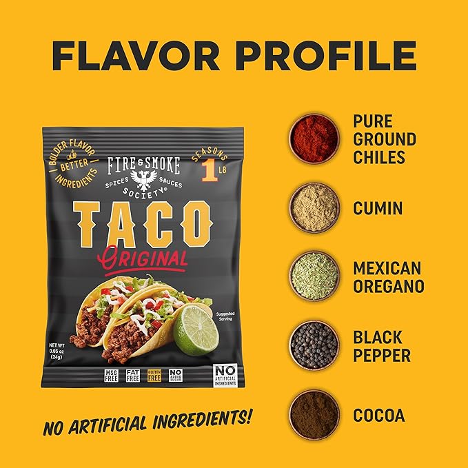 Fire & Smoke Society Taco Seasoning Mix | .85 oz (12-Pack) | Mexican Seasoning for Carnitas, Fajitas, Steak, Beef, Chicken
