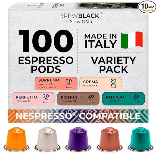 BrewBlack Variety Pack Coffee Capsules - 100 Aluminum Coffee Pods Compatible with Nespresso Original line, Medium and Dark Roast - Made in Italy