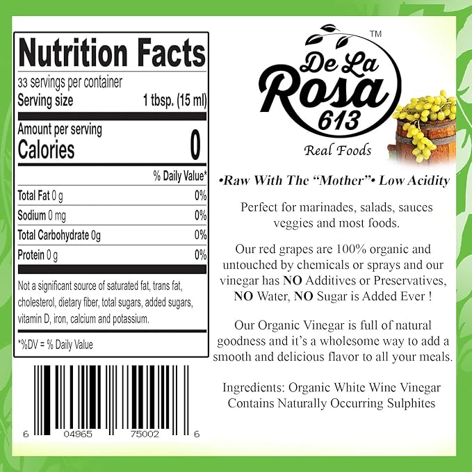De La Rosa Red & White Wine Vinegar, 100% Pure, Raw & Unfiltered, Vegan, Kosher, Non-GMO & Gluten Free, Great for Salad Dressings, Marinades & More 16.9 Oz (Pack of 2)