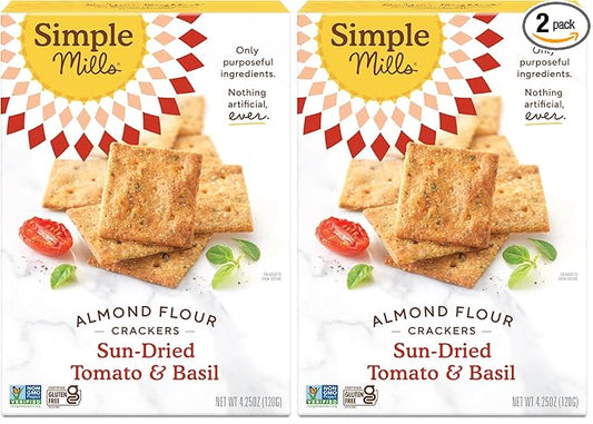 Simple Mills Almond Flour Crackers, Sundried Tomato & Basil - Gluten Free, Vegan, Healthy Snacks, Plant Based, 4.25 Ounce (Pack of 2)