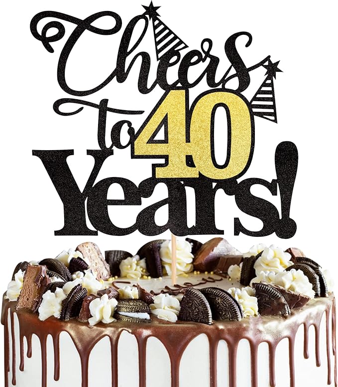 Rsstarxi 1 Pack Cheers to 40 Years Cake Topper Black Glitter Forty Years Old 40th Birthday Cake Pick Decorations for 40th Birthday Wedding Anniversary Party Supplies