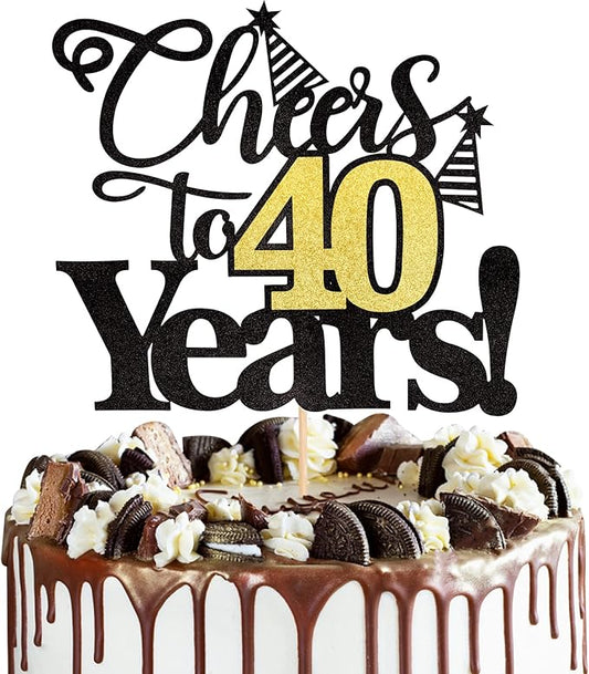 Rsstarxi 1 Pack Cheers to 40 Years Cake Topper Black Glitter Forty Years Old 40th Birthday Cake Pick Decorations for 40th Birthday Wedding Anniversary Party Supplies