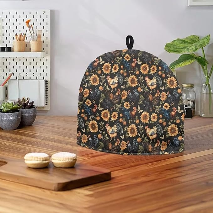 Sunflower Rooster Print Tea Pot Cover Warm Keeper with Top Hanging Loop Tea Cozy Insulated Teapot Dust Cover for Home Kitchen Decor