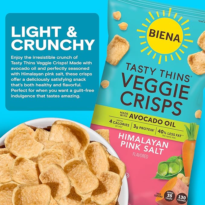BIENA Tasty Thins Veggie Crisps - Made with Avocado Oil - Low Calorie Veggie Chips for Adults and Kids - 4-Pack, 4 Ounce Bags - Himalayan Pink Salt