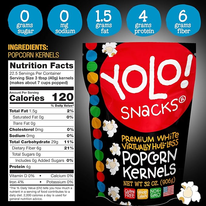 YOLO! Gourmet Virtually Hulless Popcorn Kernels, Premium White Butterfly Popping Corn, Non GMO, Gluten Free, Vegan, 32 Oz Resealable Bag (Pack of 1)