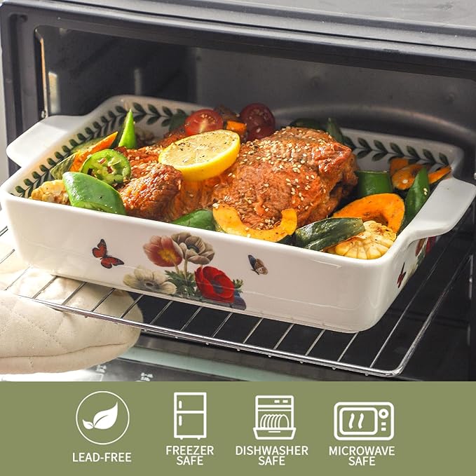 Ceramic Baking Casserole Dish with Handles, Large 8x13 inch & 6x10 inch Pan and Middle Baking Pan - Porcelain Serving Bakeware Set (Papaver rhoeas)
