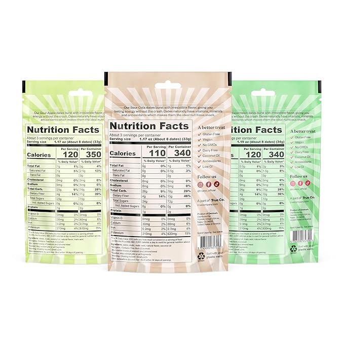 Candy Dates, Sour Flavor Variety, 3-3.5 Ounce Bags (Sour Apple, Sour Cola, Sour Watermelon) - Dates With Candy Flavor, Vegan, No Added Sugar, Gluten Free