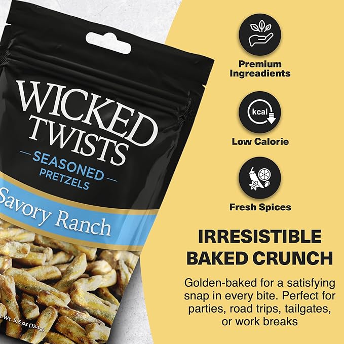 Wicked Twists Savory Ranch Seasoned Pretzels Twists 5.5 oz (3 Pack) Snack Pretzel Sticks Rods, Bold Flavor Snack, Resealable Fresh Pack, Baked Crunch, Party & School-Ready