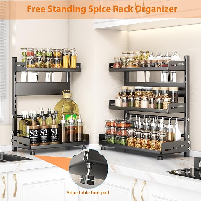 VORA Spice Organization for Cabinet, 2-Tier Metal Height-Adjustable Kitchen Countertop Spice Cabinet Organizers, Rust-Proof Kitchen Counter Shelf with Guardrail & Knife Block for Pantry