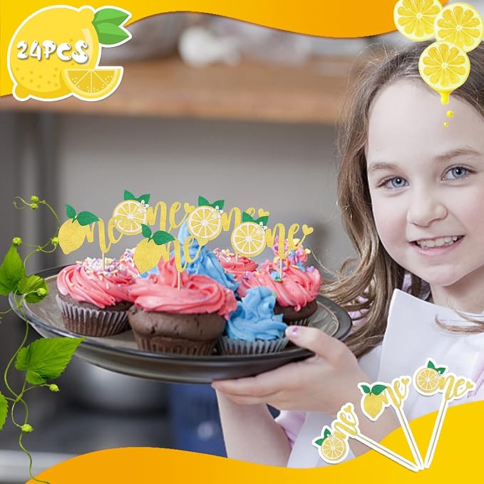 24 Pack First Birthday Cupcake Toppers Glitter Lemon One Cupcake Picks Summer Fruit Birthday Cake Decorations for Kids Boys Girls 1st Birthday Baby Shower Party Supplies??"<div>