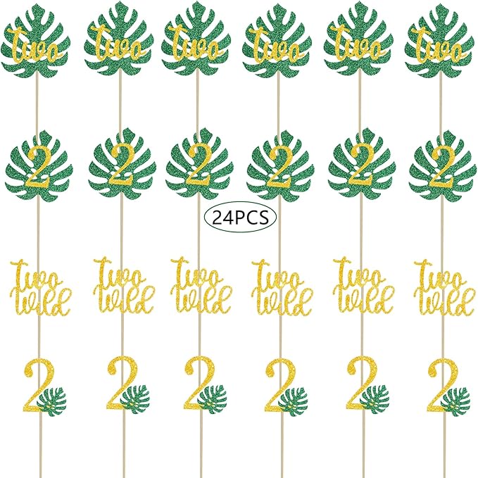 Safari Two Wild Cupcake Topper 2nd Tropical Leaf Birthday Party Jungle Animals Decorations Gold 2
