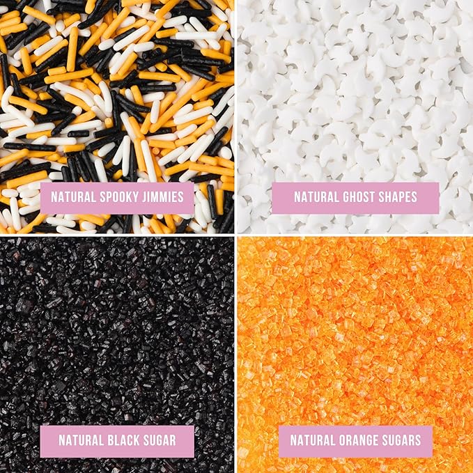 Sweets Indeed Dye-Free Halloween Sprinkles 4-Pack ??11.57 oz Natural Spooky Decorating Set | Sprinkle Mix, Ghost Confetti, Orange Sugar & Black Sugar | Edible Dye-Free Cake & Cupcake Decorations