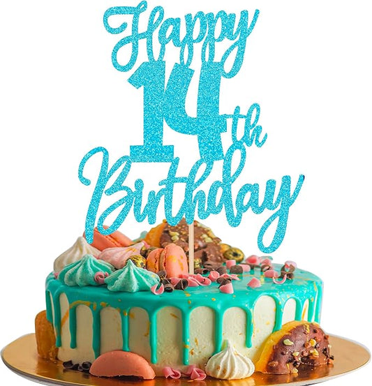 1 PCS Happy 14th Birthday Cake Topper Glitter Cheers to 14 Years Birthday Cake Pick Fourteen Hello 14 Fabulous Cake Decoration for Happy 14th Birthday Anniversary Party Decorations Supplies Blue
