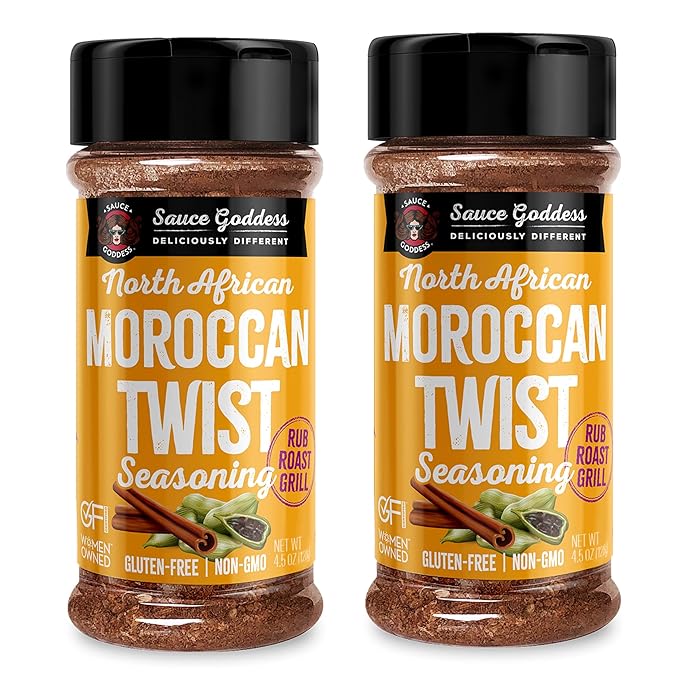 Sauce Goddess Moroccan Twist Spice Shaker (2-Pack) - Exotic Blend of Cardamom, Cinnamon, and More. Spices and Seasonings, No Sugar, Gluten-Free, Low in Sodium, Vegan-Friendly BBQ Rub