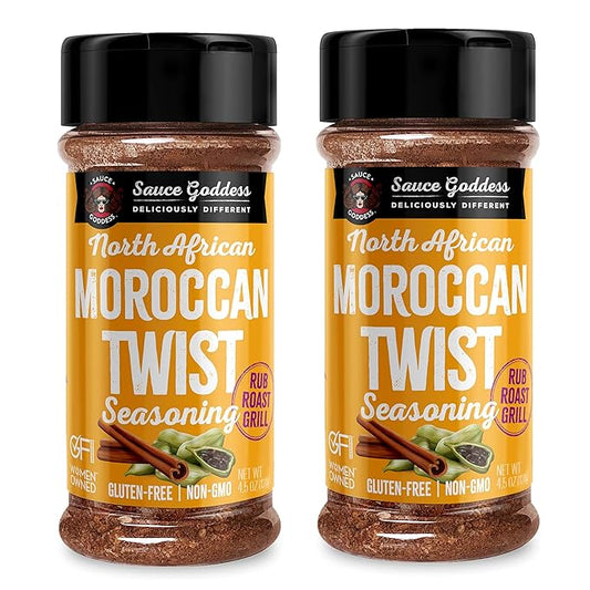 Sauce Goddess Moroccan Twist Spice Shaker (2-Pack) - Exotic Blend of Cardamom, Cinnamon, and More. Spices and Seasonings, No Sugar, Gluten-Free, Low in Sodium, Vegan-Friendly BBQ Rub
