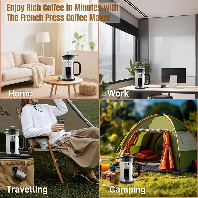 French Press Coffee Maker 34 oz, 1000ml Borosilicate Glass Stainless Steel Coffee Brewer with Reusable Filters Portable Coffee Press for Kitchen Travel Camping