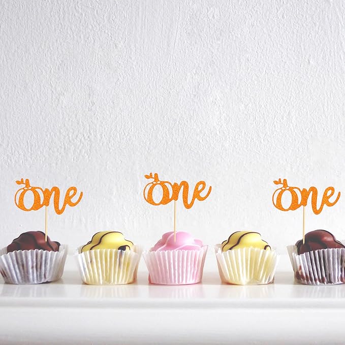 24pcs Pumpkin One Cupcake Toppers Fall First Birthday Cake Decorations, Orange Glitter Little Pumpkin Decorations, Pumpkin 1st Birthday Cupcake Picks Baby Shower