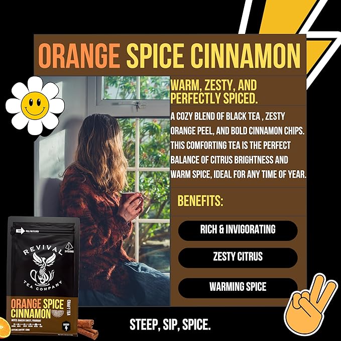 Revival Tea Company Orange Spice Cinnamon Tea - Black Tea Blend with Orange Peel and Cinnamon - Loose Leaf 6 Ounces