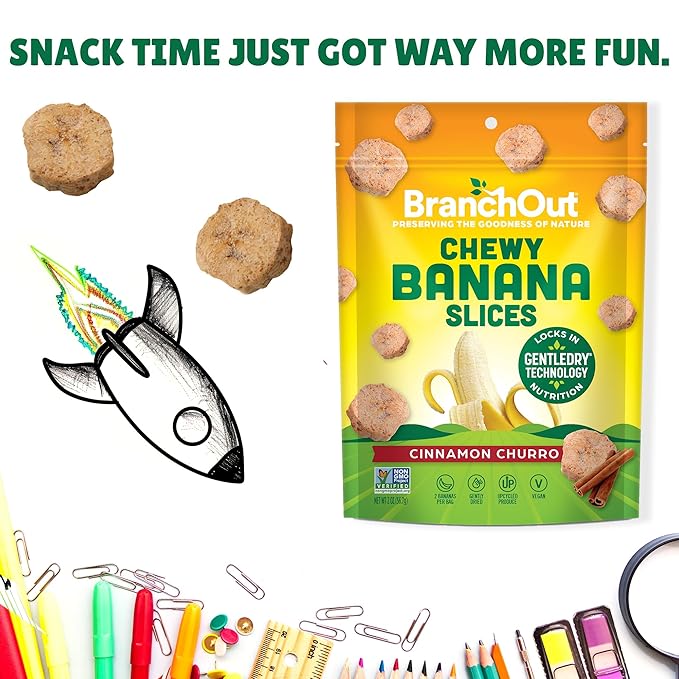 BranchOut Cinnamon Churro Banana Slices, Chewy & Full of Flavor, GentleDry, Better than Freeze Dried Banana Chips, Delicious Vegan Fruit Snacks for Kids & Adults, 2 oz Snack Size (Pack of 4)
