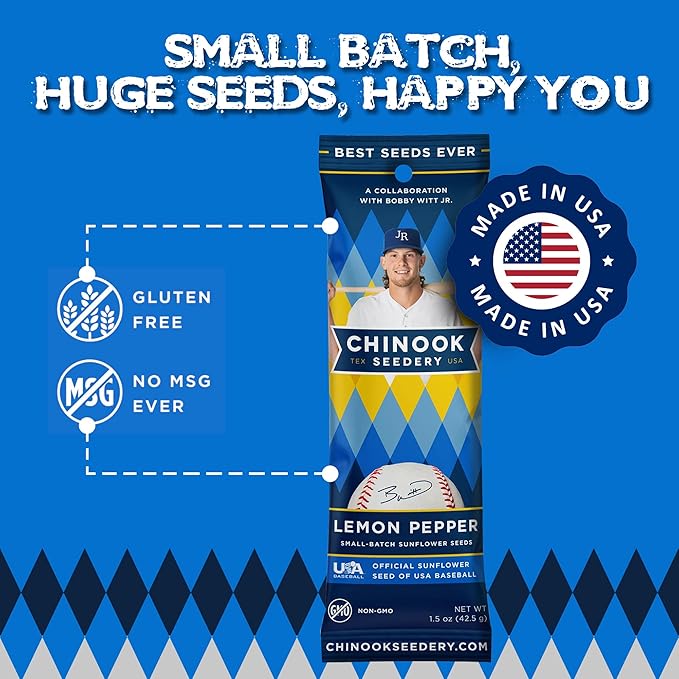 Chinook Seedery Roasted Sunflower Seeds to Eat - 1.5 oz (Pack of 36) Lemon Pepper - Jumbo Low Sodium Sunflower Seeds Keto Snacks - Adventure, Baseball, School Snacks - Gluten Free, Non GMO Snacks