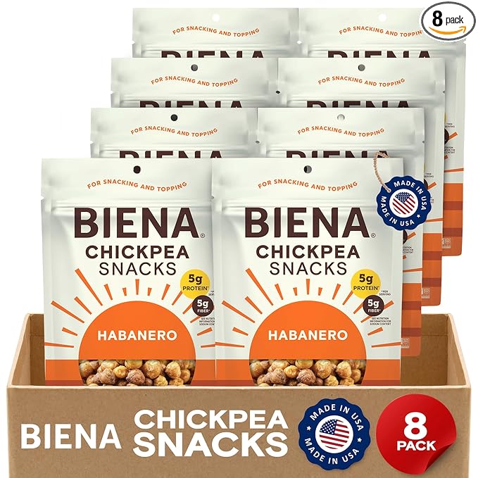 BIENA Chickpea Snacks - Crunchy Roasted Chickpeas - High Fiber Vegan Protein Snacks for Adults and Kids - 8-Pack, 5 Ounce - Habanero