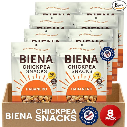 BIENA Chickpea Snacks - Crunchy Roasted Chickpeas - High Fiber Vegan Protein Snacks for Adults and Kids - 8-Pack, 5 Ounce - Habanero