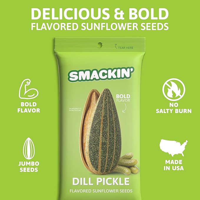 SMACKIN' Sunflower Seeds, Roasted Jumbo Small-Batch, American Made - Dill Pickle. 1.5oz bags (36 Pack)