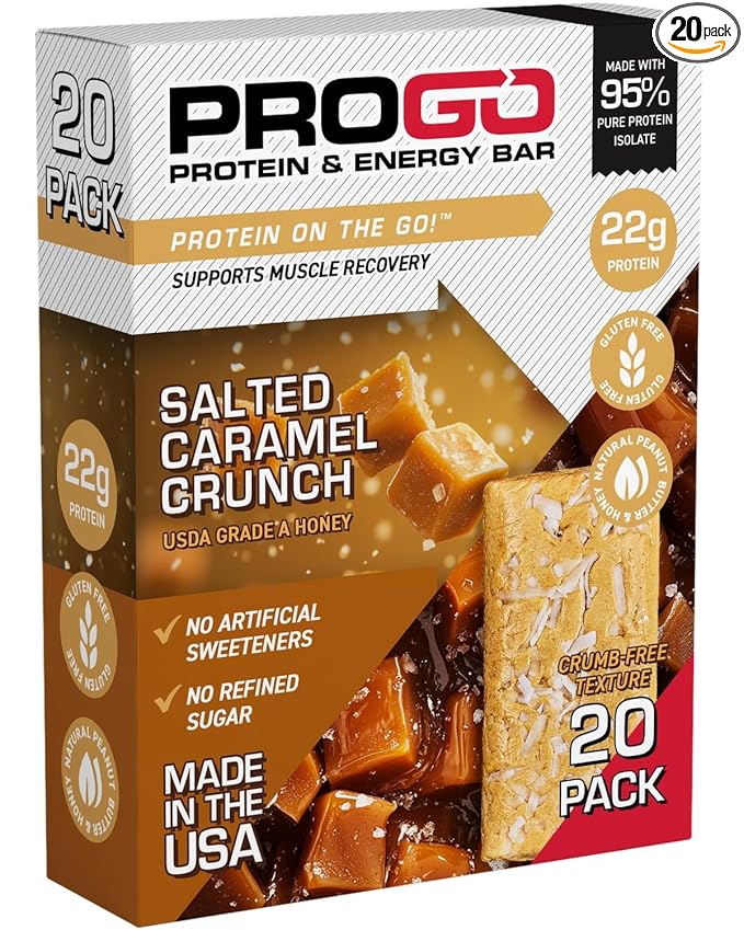 ProGo Protein Bars, Low Sugar, High Protein Snacks (22g) - 95% Pure Isolate for Faster Muscle Growth & Recovery, Low Calorie, Sweetened w/Peanut Butter & Honey (20-Count, Salted Caramel Crunch)