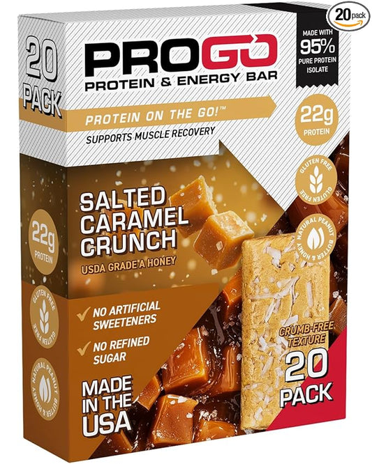 ProGo Protein Bars, Low Sugar, High Protein Snacks (22g) - 95% Pure Isolate for Faster Muscle Growth & Recovery, Low Calorie, Sweetened w/Peanut Butter & Honey (20-Count, Salted Caramel Crunch)