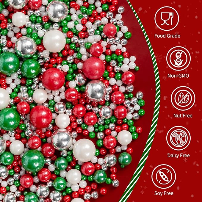 Christmas Sprinkles Pearls for Cake Decorating,130g Red Green White and Silver Pearl Mixed,Edible Sugar Holiday sprinkle for Cupcake Toppers, Cookie, Ice Cream Decorations Christmas Party