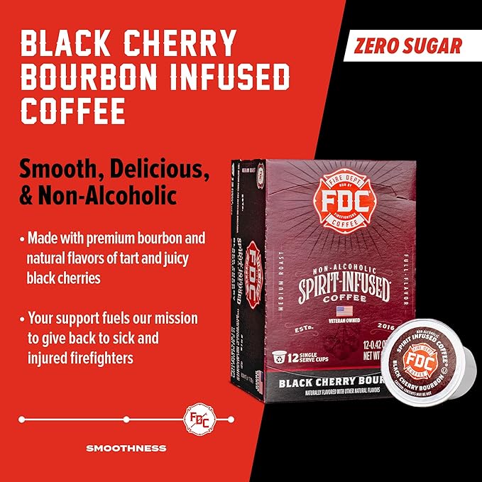 Fire Department Coffee - Black Cherry Bourbon Coffee K Cups - Gives Back to Firefighters - Premium Bourbon Infused Pods - Non-Alcoholic - Roasted in the USA - Veteran Owned - 12 Single Pods