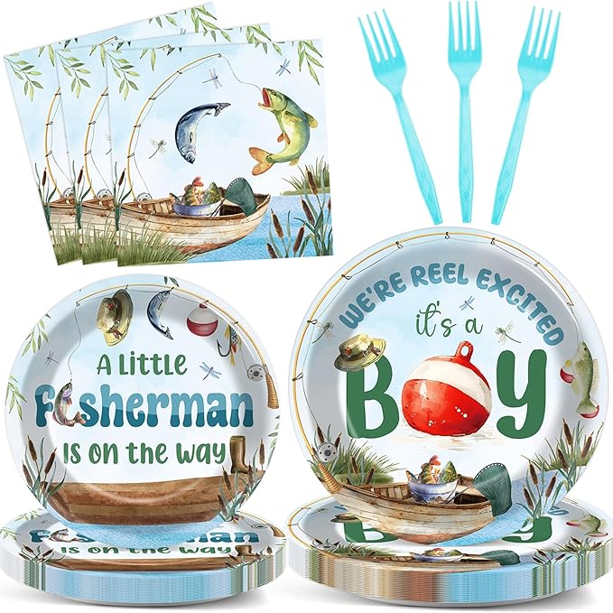 96Pcs A Little Fisherman Is On The Way Plates and Napkins Baby Shower Party Decorations Gone Fishing Dessert Disposable Plates It's A Boy Tableware Set for 24 Guests Baby Boy Birthday Party Supplies