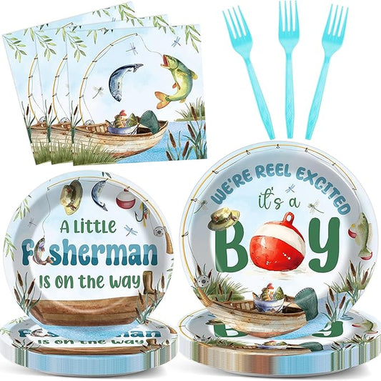 96Pcs A Little Fisherman Is On The Way Plates and Napkins Baby Shower Party Decorations Gone Fishing Dessert Disposable Plates It's A Boy Tableware Set for 24 Guests Baby Boy Birthday Party Supplies