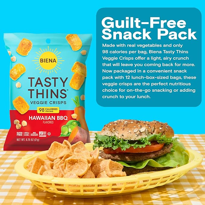 BIENA Tasty Thins Veggie Crisps ??Hawaiian BBQ, 0.75 Ounce (Pack of 12) ??Chickpeas & Veggies, Vegan, Gluten Free, Dairy-Free, Non-GMO, Allergy-Friendly, Healthy On-The-Go Snack for Kids & Adults