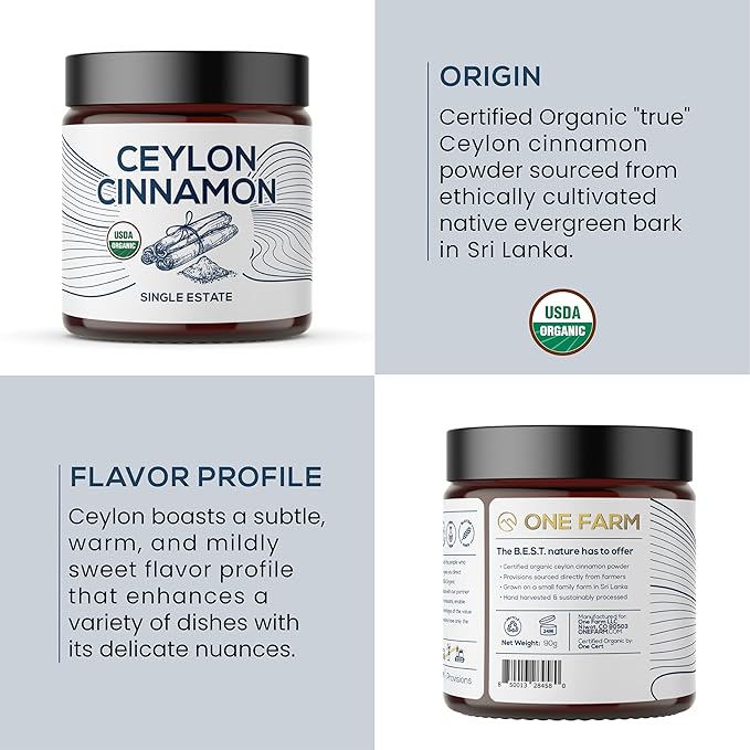 Organic Ceylon Cinnamon, Single Estate, Freshly Ground Premium Sri Lanka Cinnamon, Non-GMO, Fair-Trade & Gluten Free in Resealable Jar for Cooking, Smoothies, Lattes & Tea