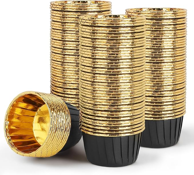 EUSOAR Black Cupcake Liners, 100pcs 3.5oz Mini Cheesecakes Cups Disposable Ramekins, Aluminum Foil Wrappers Paper Cupcake Containers Muffin Dessert Holders for Birthday Wedding Party-Black/Gold