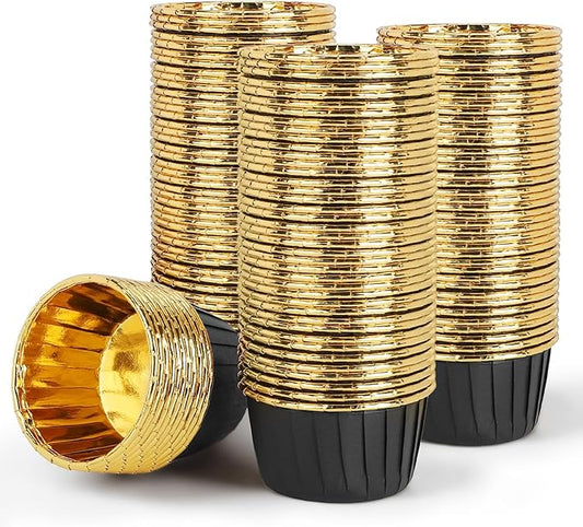 EUSOAR Black Cupcake Liners, 100pcs 3.5oz Mini Cheesecakes Cups Disposable Ramekins, Aluminum Foil Wrappers Paper Cupcake Containers Muffin Dessert Holders for Birthday Wedding Party-Black/Gold