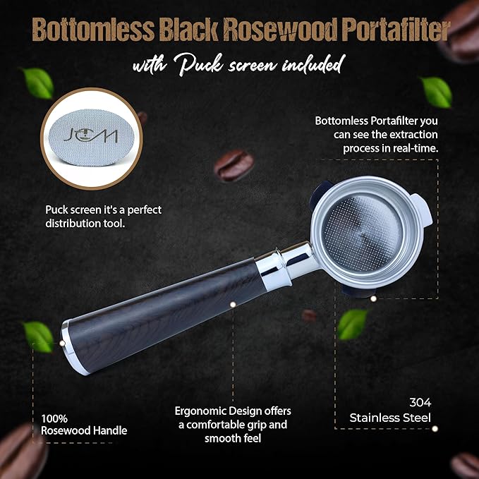 54mm Bottomless Portafilter 3 Ears Black Rosewood Handle Set??Fits Breville Barista Express, Bambino, Impress, Duo Temp Pro and Infuser ??Includes 18g Filter Basket & 1.7mm Puck Screen