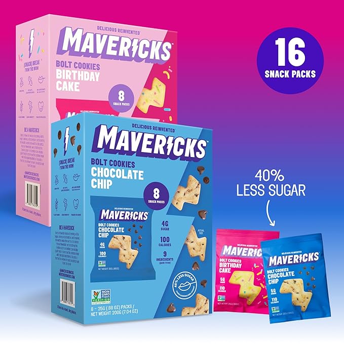 Mavericks Snacks Bolt Cookies Variety Pack ??Healthy Snacks for Kids & family ??Low Calorie Chocolate Chip & Birthday Cake Varieties; 2 Nutritious Snack Boxes - (16 Count Snack Packs Inside)