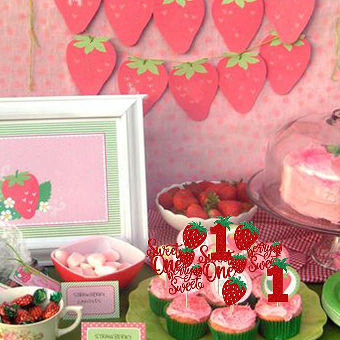 24 Pack Sweet One Cupcake Toppers Glitter First Birthday Strawberry Cupcake Picks for Fruit Baby Shower 1st Birthday Berry Sweet Cupcake Decorations Party Supplies Red
