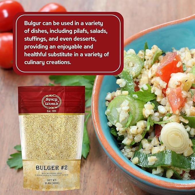 Bulgur Cracked Wheat Medium Coarse #2, 2 LB Bag (32oz) | USA Grown Bulgar Wheat for Tabouleh | 100% Natural & Pure | Great for Vegan Recipes by Spicy World