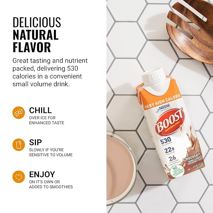BOOST Very High Calorie Nutritional Drink ??Helps Weight Gain & Maintenance -530 Calories -26 Vitamins & Minerals - 22 g Protein - Variety Pack - Vanilla, Chocolate & Strawberry - 8 fl oz (Pack of 24)