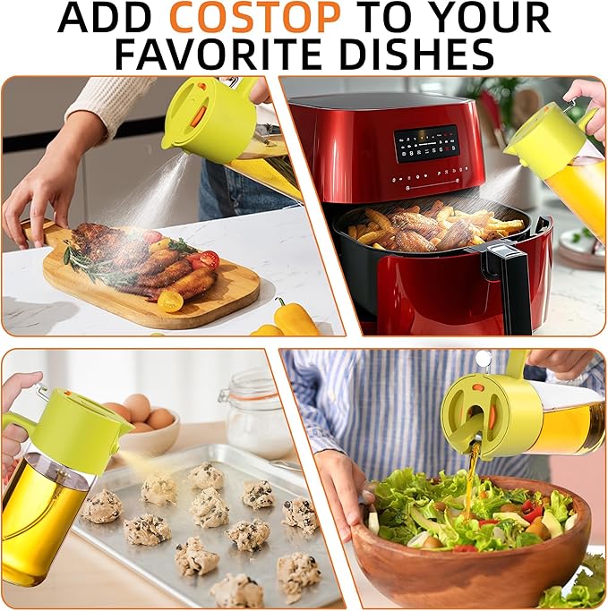 Oil Sprayer for Cooking, 2025 Large Advanced Olive Oil Dispenser Bottle,500ml/17oz Glass Olive Oil Sprayer,2 in 1 Even Spray with Portion Control for Kitchen, Air Fryer, Salad, BBQ - Yellow